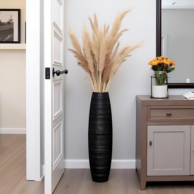 Tall Floor Vase, 27.5 inches (70cm, 2.3FT) Floor Vase Sturdy, Luxury, Textured for Decorative Branches Dried Flowers, Tall Vases for Rustic Living Room, Home Decor, Resin Black Vases
