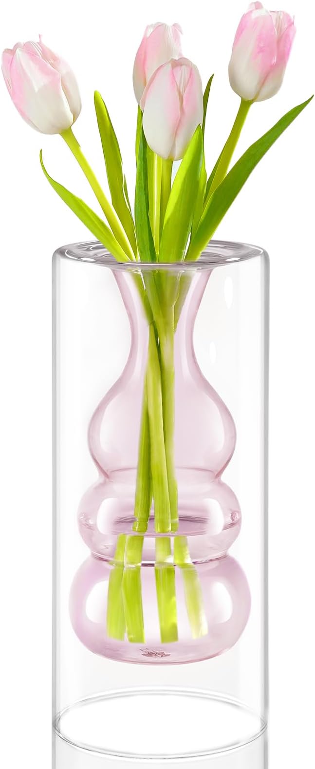 ZENS Modern Pink Glass Vase, Hand Blown Hollowed Out Bubble Decorative Glass Flower Vases for Wedding Decor Home Small Bouquet.