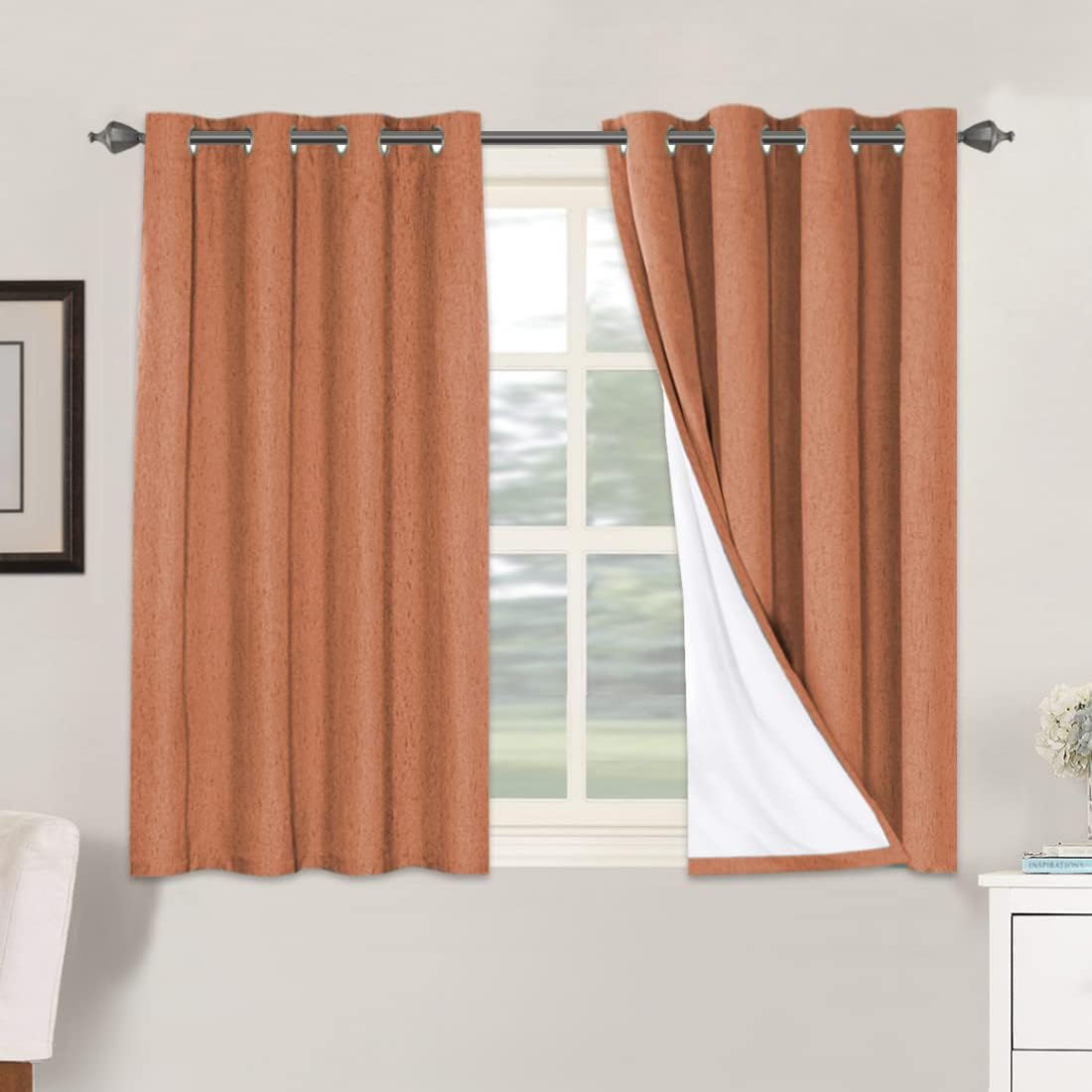 H.VERSAILTEX 100% Blackout Curtains for Bedroom Thermal Insulated Linen Textured Curtains Heat and Full Light Blocking Drapes Living Room Curtains 2 Panel Sets, Orange, 52x45 Inch