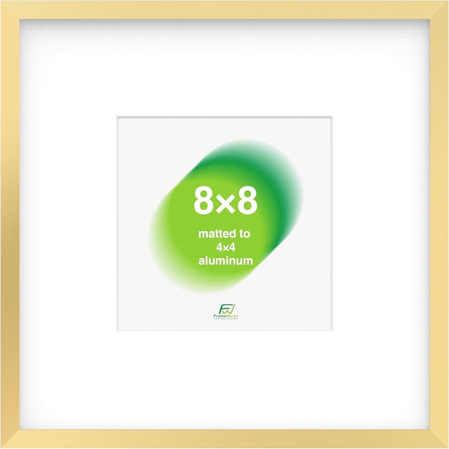 FrameWorks 8x8 Matted to 4x4 Picture Frame – Aluminum Frame w/Tempered Glass, Removable Mat for Photos, Posters, Art, Stylish Wall Frame for Home Decor, Gallery Walls, Office, Living Room - Gold