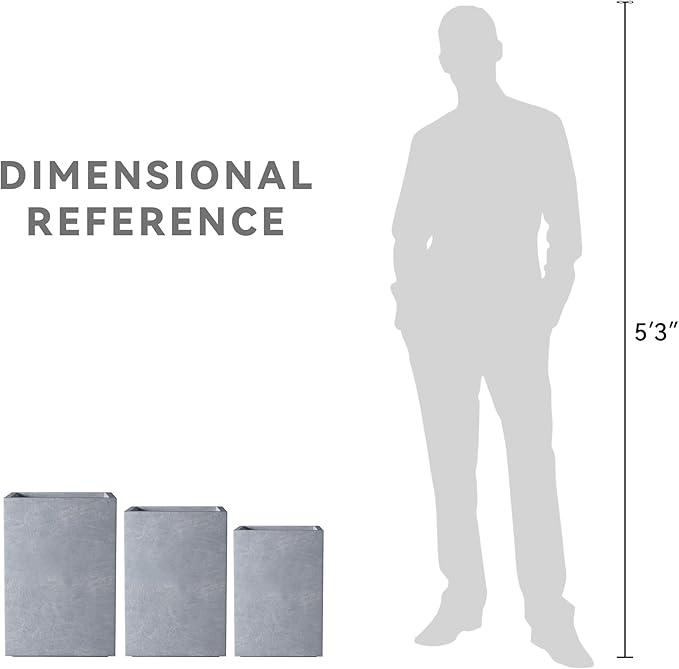 Kante 18.5",15.7",12.6" H Tall Rectangular Concrete Planters Set of 3, Outdoor Indoor Lightweight Plant Pots with Drainage Hole and Rubber Plug, Modern Style for Home Garden Patio, Slate Gray