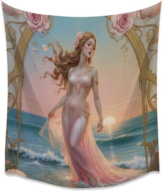 Medpol Elegant Vintage Goddess Tapestry Pink Coastal Woman Wall Hanging, Shell Rose Sunset Ocean Decor Cool Girls Dorm Room Tapestry for Bedroom Living Room Aesthetic 60x80inch