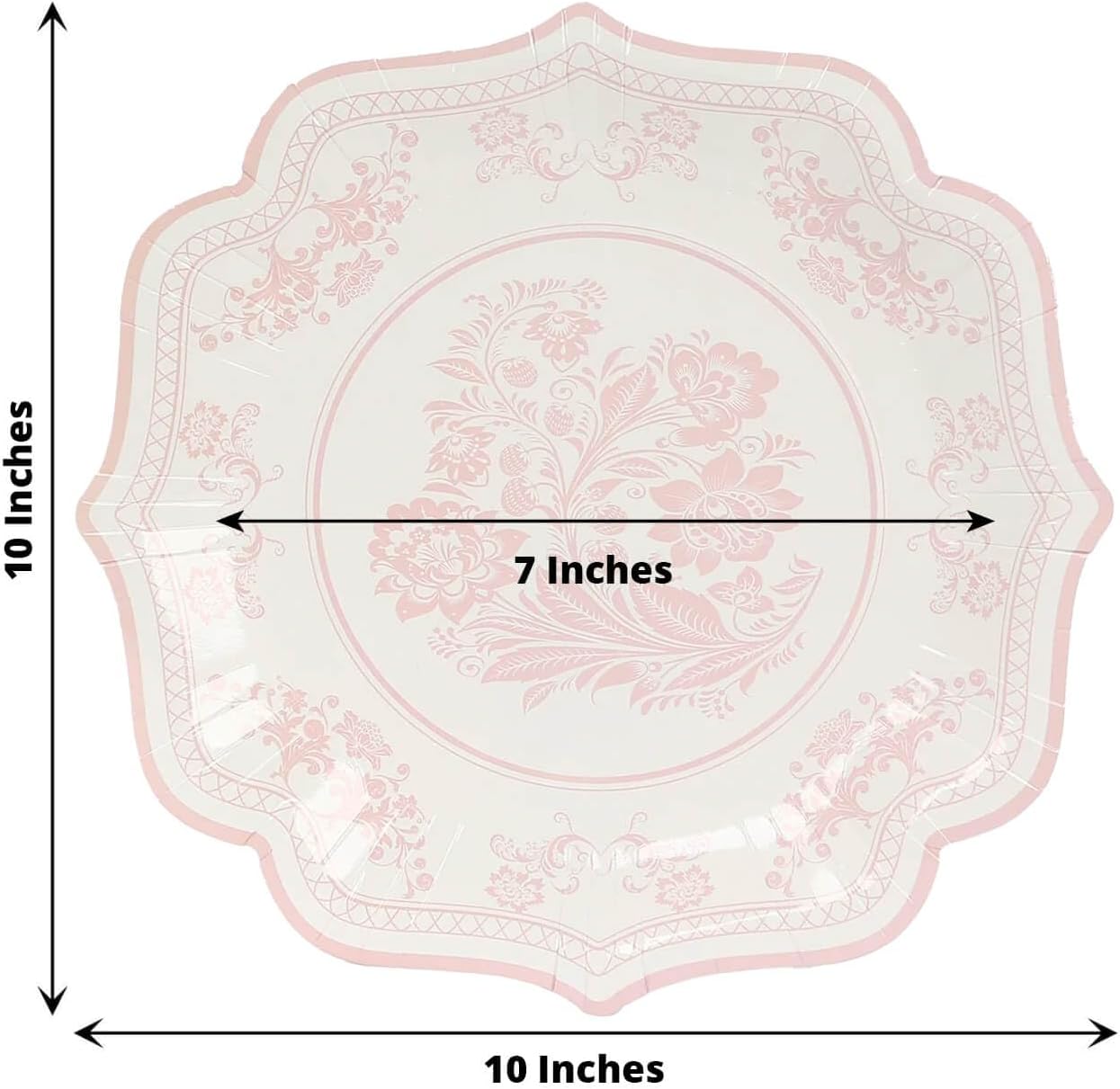 Efavormart 25 Pack White Pink Paper Dinner Plates in Damask Floral Pattern, 10" Disposable Party Plates with Scalloped Rims - 300 GSM