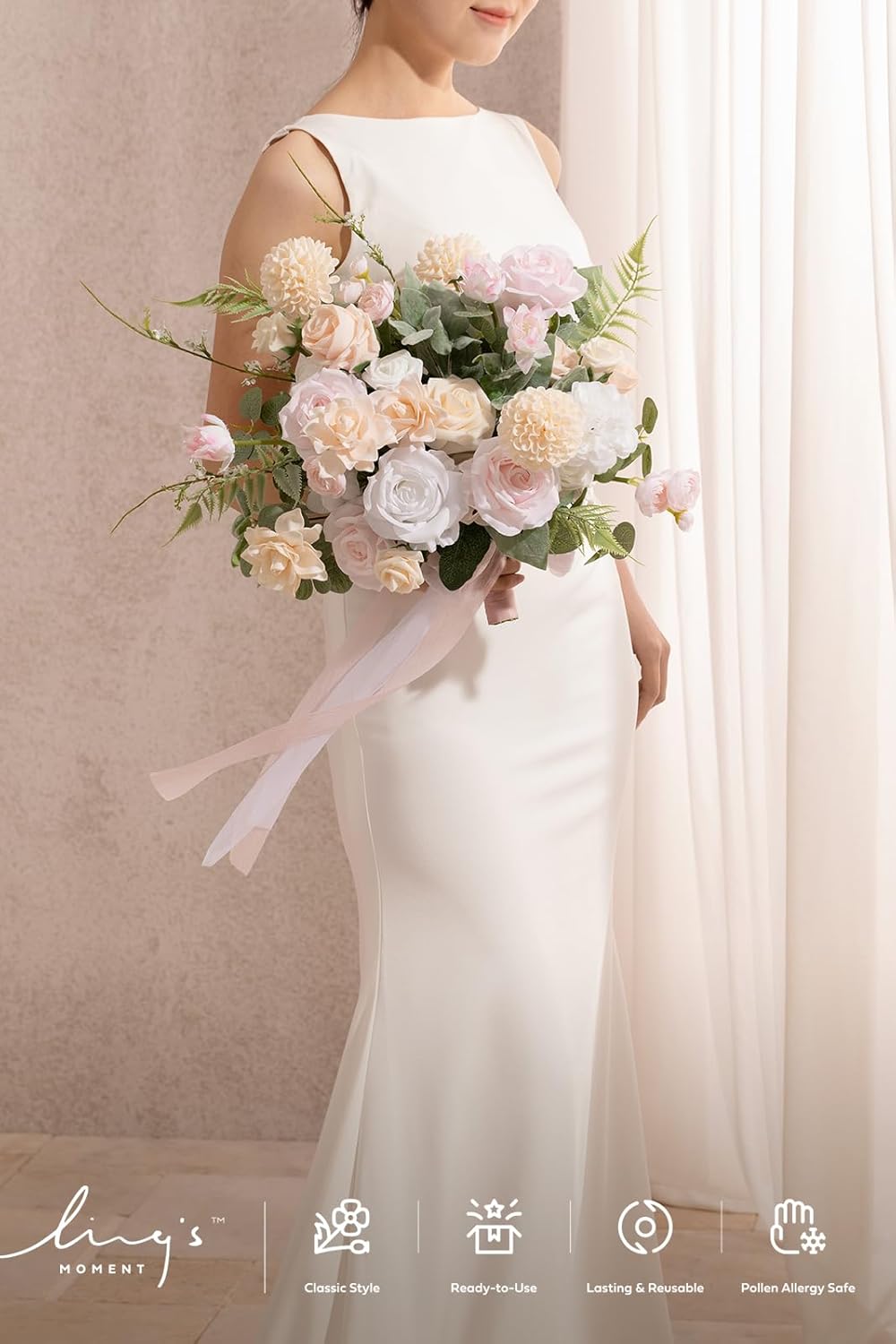 Ling's moment Blush Pink Bridal Bouquet Cascading, Coral Wedding Bouquets for Bride, 15 Inch Free Form Artificial Wedding Flower Bouquet