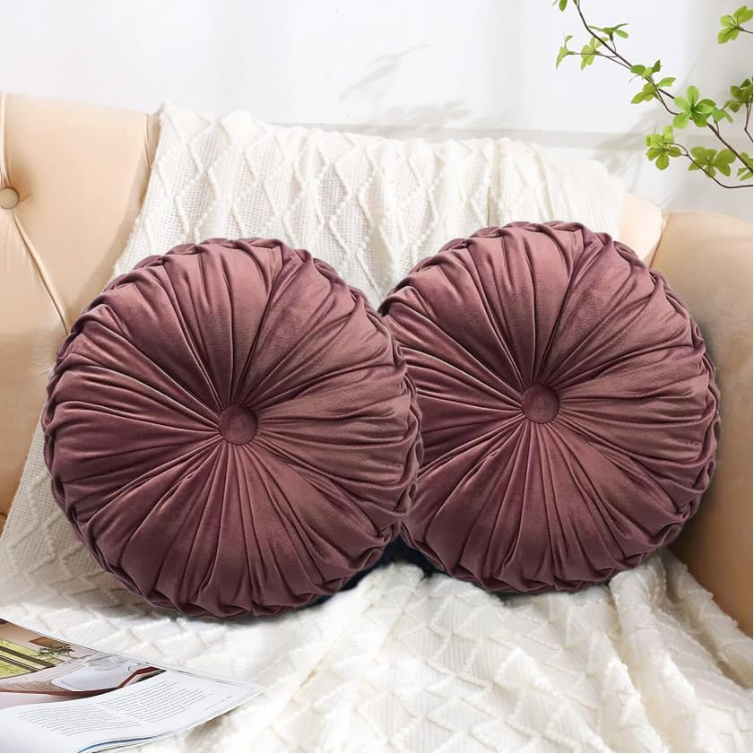 HIG Set of 2 Decorative Round Pleated Throw Pillows,Classy Accent Pumpkin Throw Pillows with Center Button,Vintage Velvet Floor Pillows for Sofa Vanity Chair Bed,Dusty Rose,14.5" Diameter(Ripple)