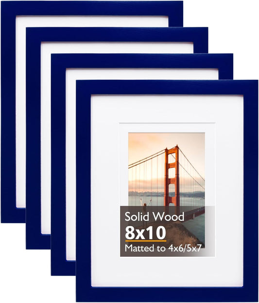 KINLINK 8x10 Picture Frame Navy, Solid Wood Frames with Acrylic Plexiglass for Pictures 4x6/5x7 with Mat or 8x10 without Mat, Tabletop and Wall Display Photo Frame, Set of 4