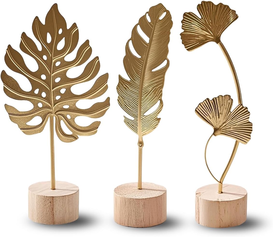 Gold Leaf Home Decor Set - Metal Leaves Statues, Modern Artistic Sculptures for Living Room, Office, Shelf & Home Decorative, Handmade 3D Botanical Accents (Monstera, Feather, Ginkgo, 3PCS)