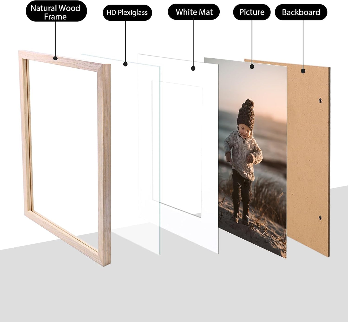 KINLINK A4 Picture Frame Natural, Solid Wood Frames with Acrylic Plexiglass for Pictures A5 with Mat or A4 without Mat, Tabletop and Wall Display Photo Frame, Set of 4