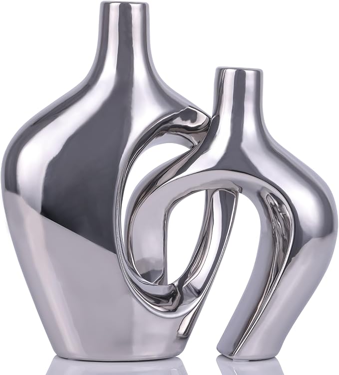 Silver Hollow Ceramic Vases Set of 2 - Modern Nordic Boho ins Style Vases for Decor, Decorative Pampas Grass Flower Vases for Wedding, Living Room, Office, Entrance, Dining Table Decor Centerpieces