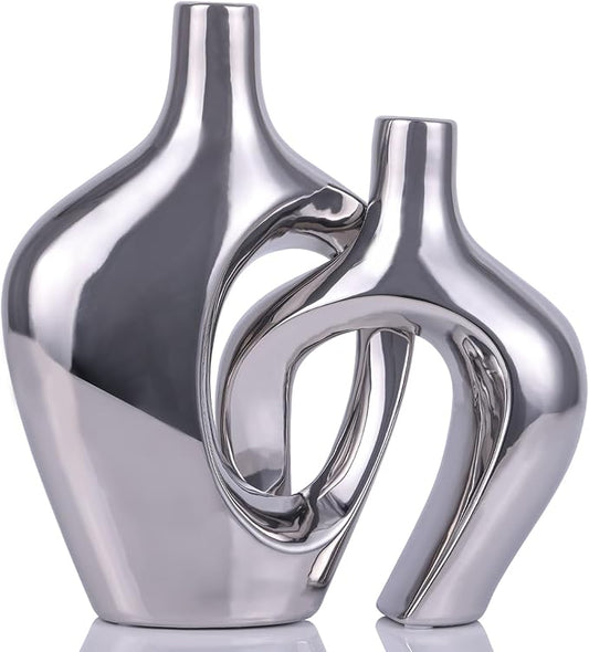 Silver Hollow Ceramic Vases Set of 2 - Modern Nordic Boho ins Style Vases for Decor, Decorative Pampas Grass Flower Vases for Wedding, Living Room, Office, Entrance, Dining Table Decor Centerpieces