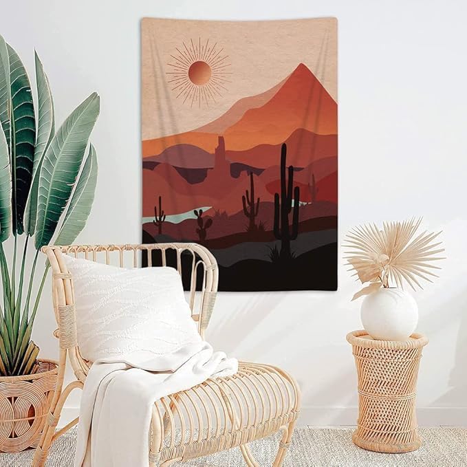 DYNH Boho Western Tapestry Modern Southwestern Mountain Cactus Arizona Desert Sunset Wall Tapestry Mid Century Modern Retro Aesthetic Minimalist Vertical Wall Hanging for Bedroom 30X40IN