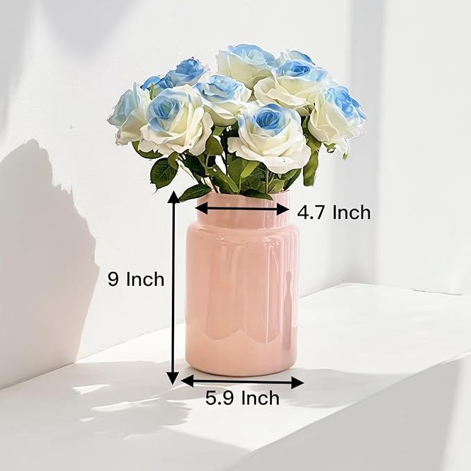 BLOFLO Pink Glass Vase, 9 Inch Large Glass Vase for Flowers, Modern Thick Glass Flower Vases for Centerpieces, Decorative Glass Cylinder Hydroponic Vase for Wedding, Home, Office (Pink, 9Inch)