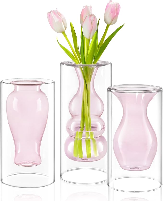 ZENS Unique Small Pink Flower Vase Set of 3, Modern Floating Decorative Vases, Double Hollow Cool Glass Vases, Hand Blown Bud Vases for Home Small Bouquet, Wedding Centerpieces