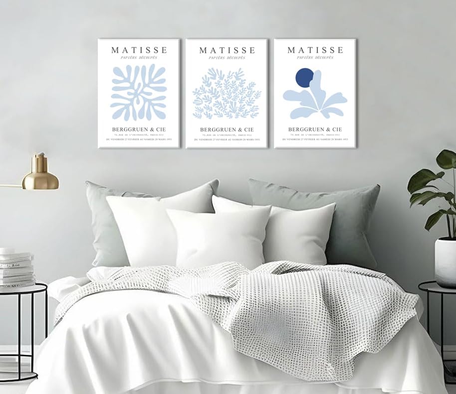 Julaydi Matisse Wall Art Blue Abstract Posters Framed Set of 3 Minimalist Plant Leaf Canvas Prints Modern Painting Wall Decor Artwork Aesthetic Pictures for Living Room Bedroom Bathroom 12x16in