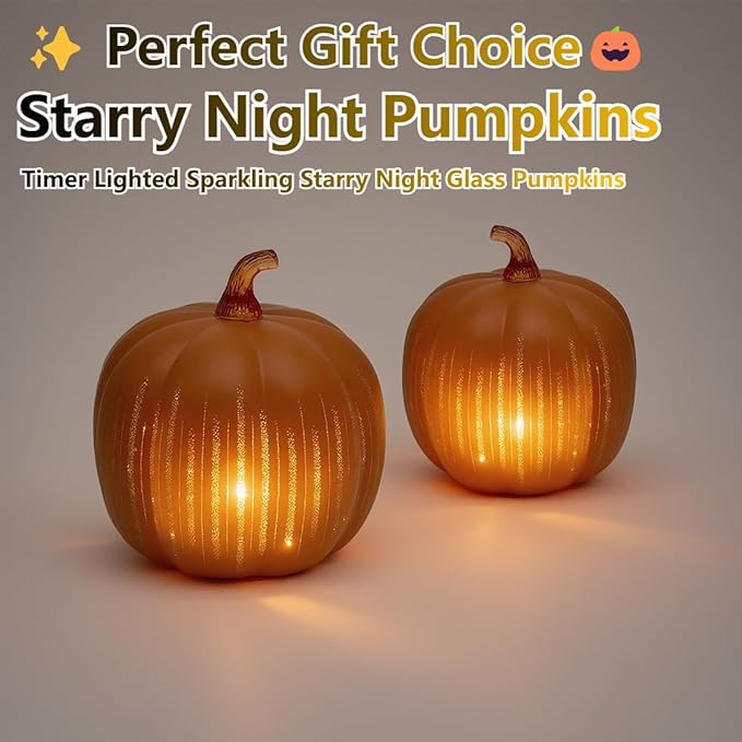 2025 Upgraded Twinkle Light Pumpkins, Starry Night Pumpkins, Illuminated Starry Night Glass Pumpkins, Timer Lighted Pumpkin Light Decorations for Bedroom Hallway (Flash, Medium)