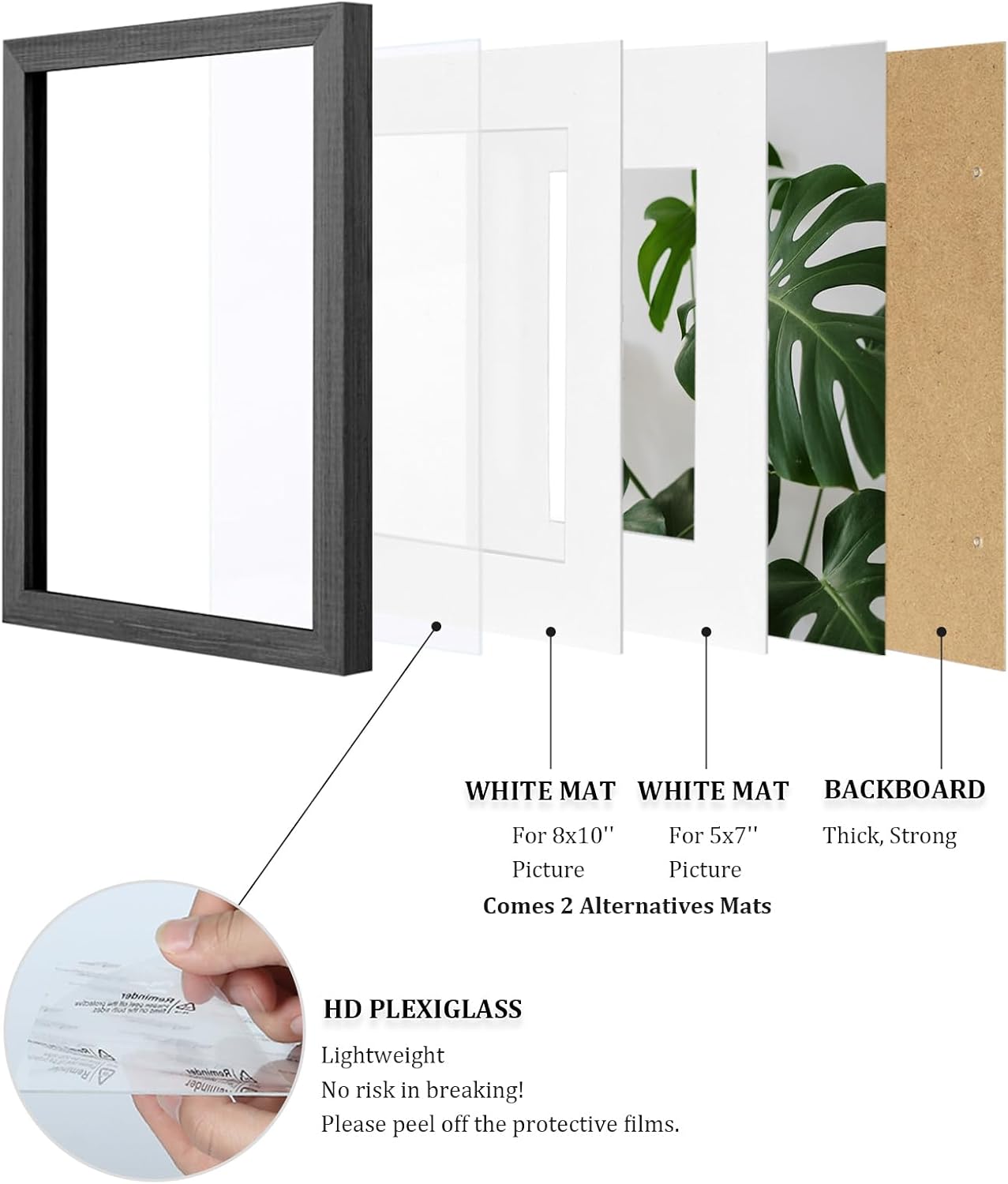 Egofine 11x14 Picture Frames Set of 4, Made of Solid Wood Covered by Plexiglass 5x7 and 8x10 with Mat or 11x14 without Mat, for Table Top Display and Wall Mounting Photo Frame Rustic Black