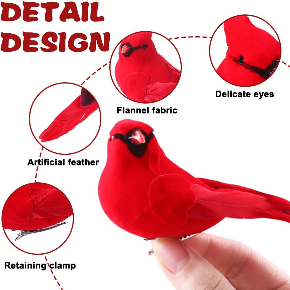 JOICEE 6 Pcs Cardinal Red Birds for Crafts, Artificial Cardinal Clip On Christmas Tree Ornaments Red Feather Faux Birds Cardinals Decorations for Xmas Tree Wreath Yard Patio Home Decor