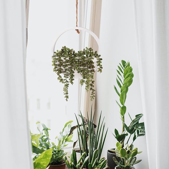 Floweroyal 2pcs Artificial Succulents Hanging Plants 12.2'' Fake String of Pearls in Pot with 8.3'' Lanyard for Indoor Outdoor Wall Decor.