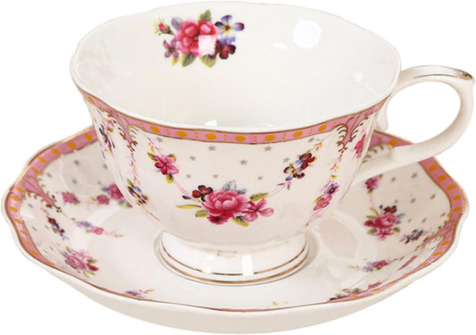 fanquare Vintage Pink Coffee Cup with Saucer, Porcelain Tea Cup and Plate, Big Floral Tea Cup Gift, 7.4oz