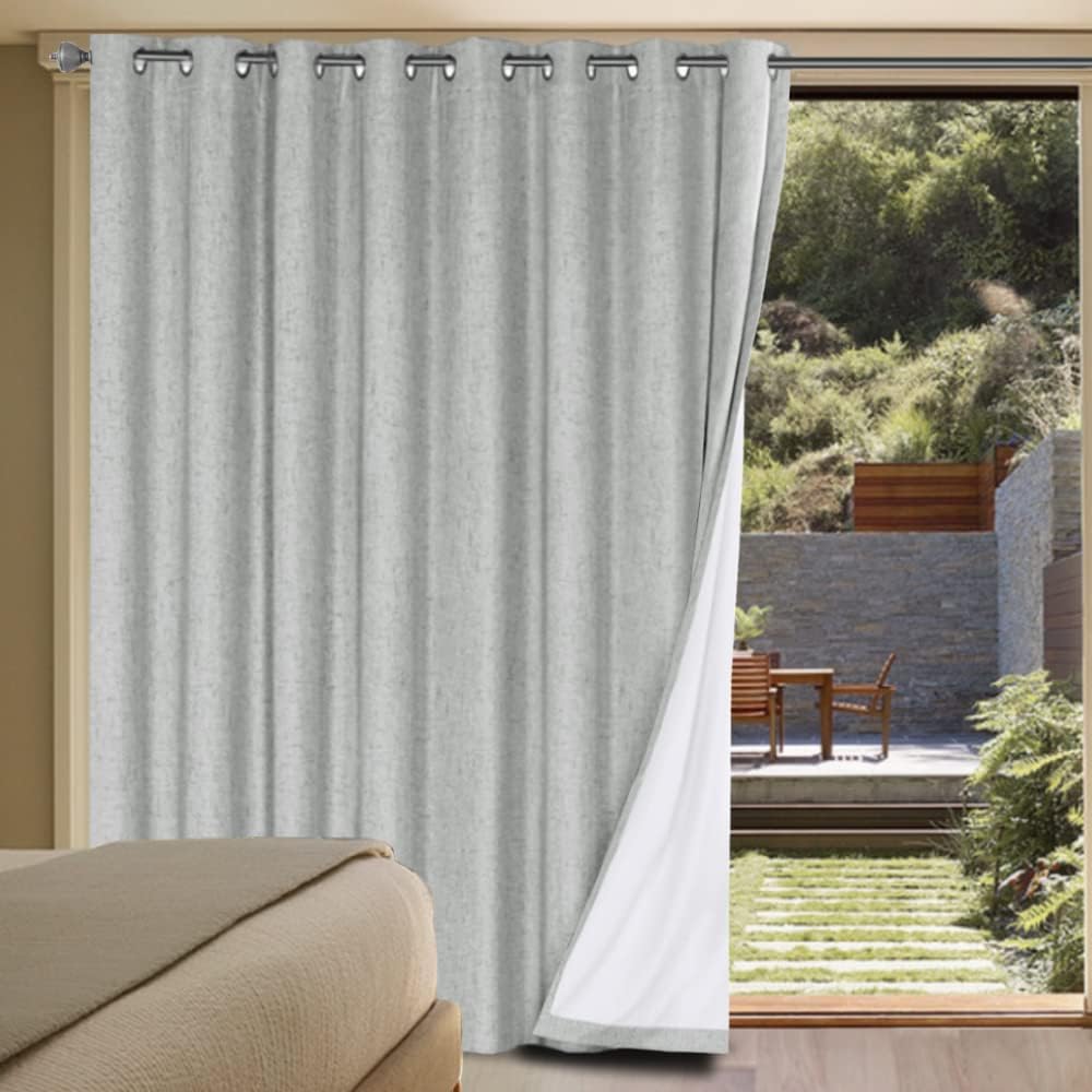 H.VERSAILTEX Linen Blackout Curtains Durable Thick Textured Linen Look 100% Blackout Patio Door Curtain Anti Rust Grommet Extra Wide Sliding Door Curtain Panel, Glacier Gray, W100 x L84 inch