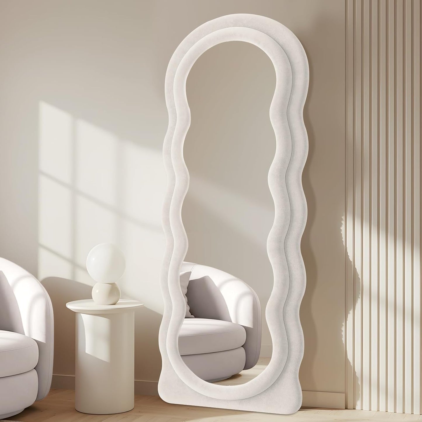 Full Length Mirror 71"x30" Arched Wavy Full Body Wall Mounted Floor Mirror Ivory Flannel Frame Leaning Hanging Wall Mirror for Bedroom Entrance