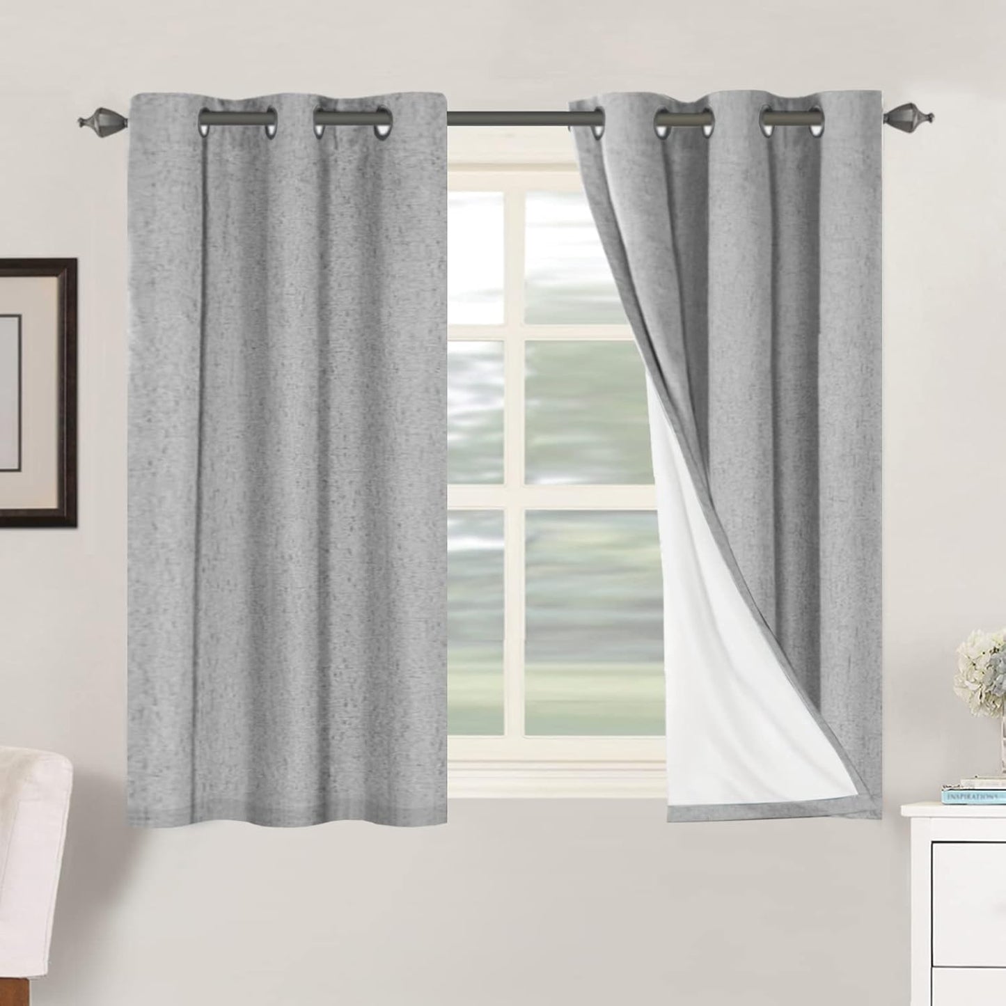 H.VERSAILTEX Primitive Linen Curtains 100% Blackout Curtain Drapes Burlap Curtains with White Thermal Insulated Liner, Grommet Top Drapes Living Room/Bedroom (2 Panels, 42 x 45 Inch, Dove Gray)
