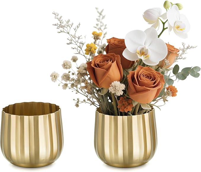 Gold Vases Compote Centerpiece Planter: 4" Ribbed Metal Vase Small Compote Bowl Planter Pot with Drainage Hole for Wedding Table Centerpiece Indoor Plants Set of 2