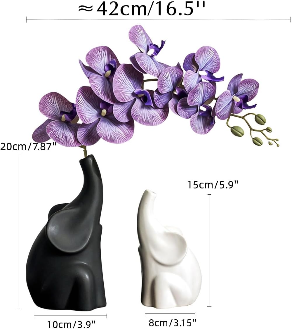 Loving Pair of Elephants,with Flower,Modern Ceramic Decor Statue,Good Luck Elephant,for Bookshelf Living Room Office Table Shelf Decorations.Gifts for Lover, Wife, Mother. (Black white purple)