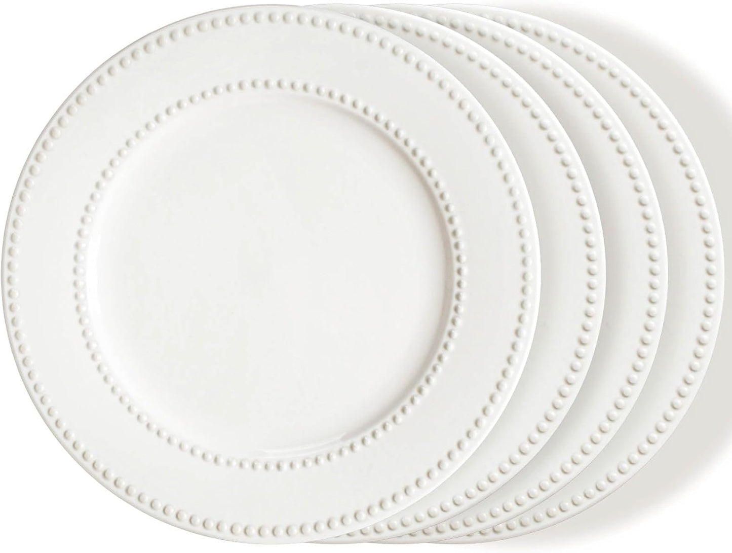 Dinner Plates Set of 4, 10.5 inch White Ceramic Plates, Embossed Salad Plates, Serving Plates for Steak Appetizer, Reusable Kitchen Dining Plates for Restaurant, Dishwasher Microwave Safe