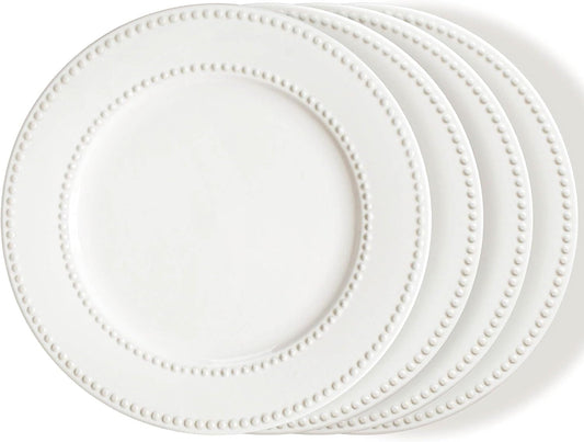 Dinner Plates Set of 4, 10.5 inch White Ceramic Plates, Embossed Salad Plates, Serving Plates for Steak Appetizer, Reusable Kitchen Dining Plates for Restaurant, Dishwasher Microwave Safe