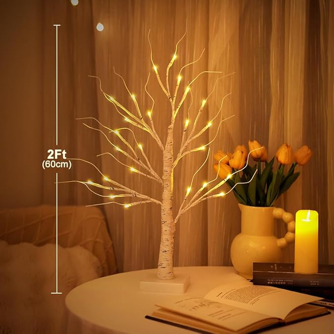 2FT Lighted Birch Tree,Christmas Decorations for Indoor,Table Top Christmas Trees with Lights,Dual Power USB or Battery,Lighted Tree for Winter Holidays Halloween Wedding Decor Set of 2