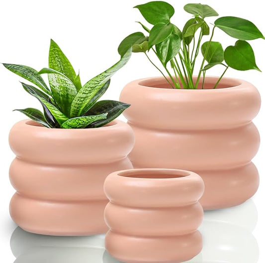 3 Piece Modern Ceramic Planter, 6.5/4.7/3.5 Inch Pink Plant Pot Set of 3 Unique Planters for Outdoor Indoor Flower Pots Plants with Drainage Holes Home & Office Decor with Mesh Pad