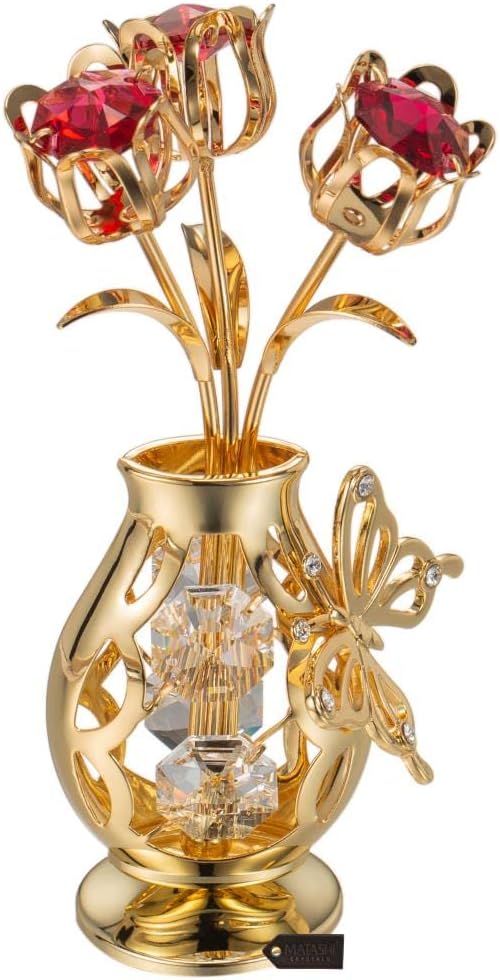 Matashi 24K Gold Plated Crystal Studded Flower Ornament in a Vase w Decorative Butterfly (Red Crystals) – Stunning Home Decor Showpiece, Gift for Mom, Wife, Grandma – Ideal for Mother’s Day, Christmas
