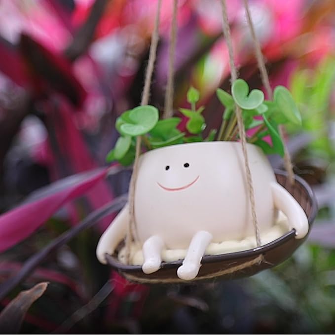 bestbear Hanging Swing Chair Planter Pot Resin Smiley Face Planter for Indoor Outdoor Plant Cute Head Flower Pots for String of Pearls Plant Live Unique IdeaI for Mother Day, Christmas (Small)