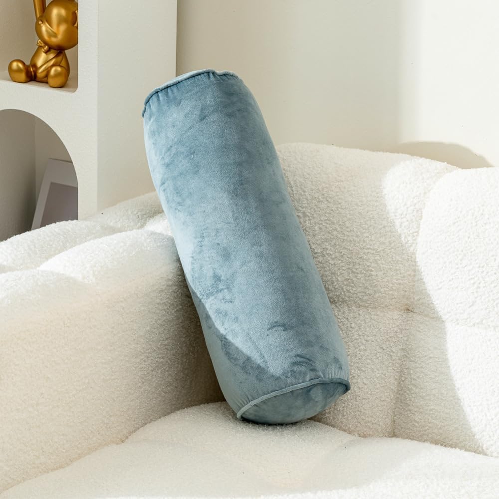 Cylinder Bolster Throw Pillow Roll Neck Pillow Velvet Round Bolster Decorative Throw Pillow for Couch & Bed Cervical Neck Pillow for Neck Home Office Car Decor (Bluegrey)