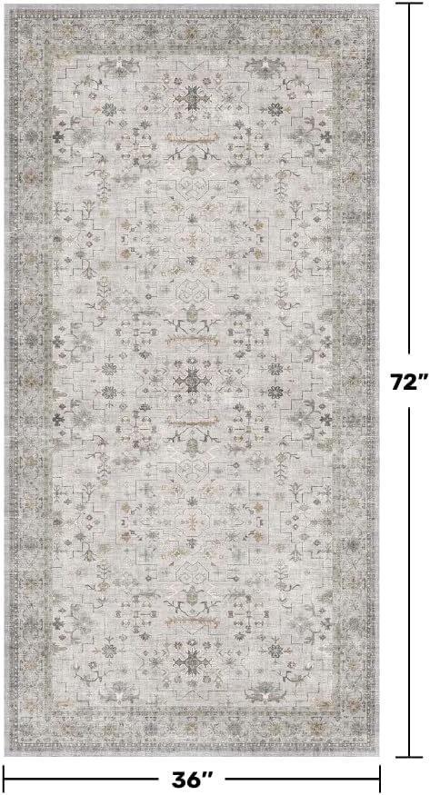 Light Grey 3x6 Large Boho Bathroom Rug - Modern Vintage Eclectic Floral Pastel Neutral Taupe, Washable Low Pile Non-Slip Area Rugs for Entryway, Kitchen, Bedroom Beside Bed
