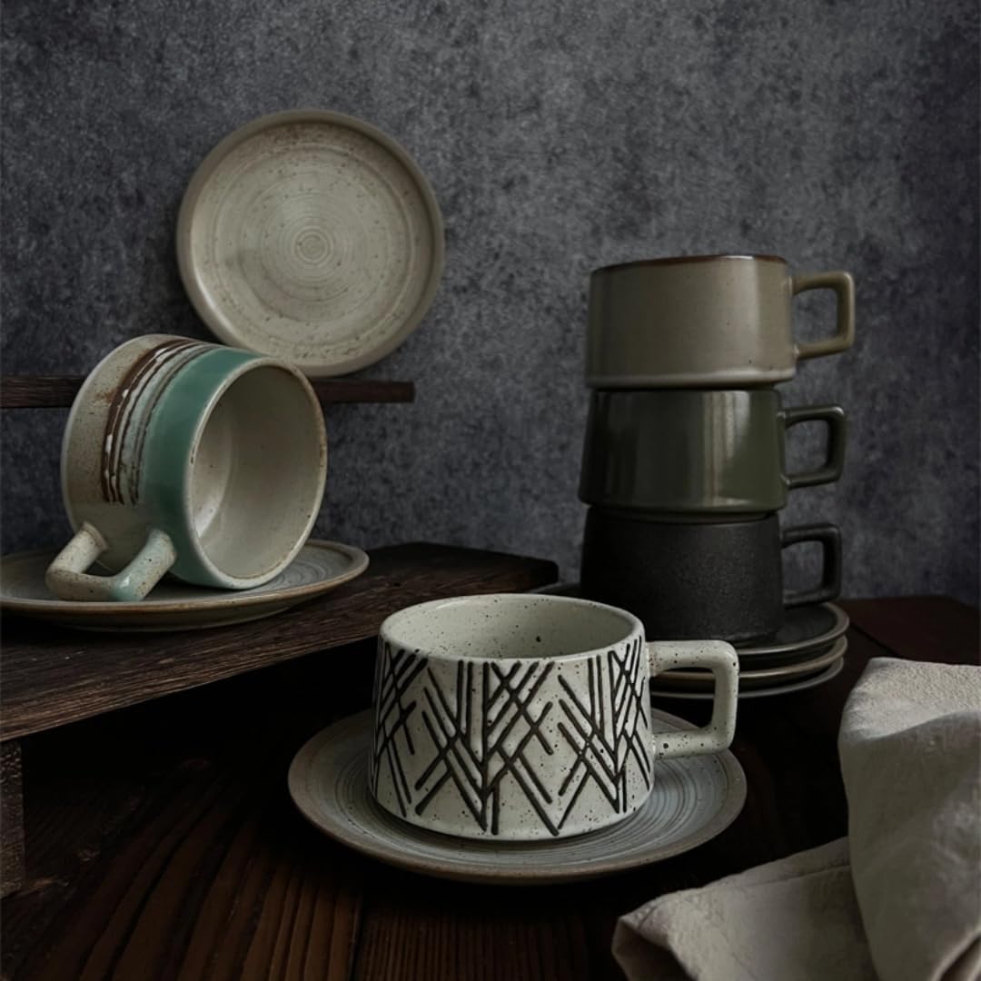 Japanese Simple Stoneware Coffee Cup and Saucer Set - Vintage Ceramic Teacup Mug Gift Box - Home Office Afternoon Tea Set