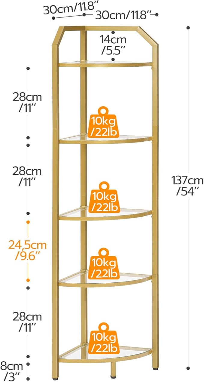 HOOBRO 5-Tier Corner Shelf Stand, Gold Corner Bookshelf, Tempered Glass Shelves, Bathroom Organizer, Corner Plant Stand, for Living Room, Study, Balcony, Home Office, Modern Style, Gold GD15CJ01