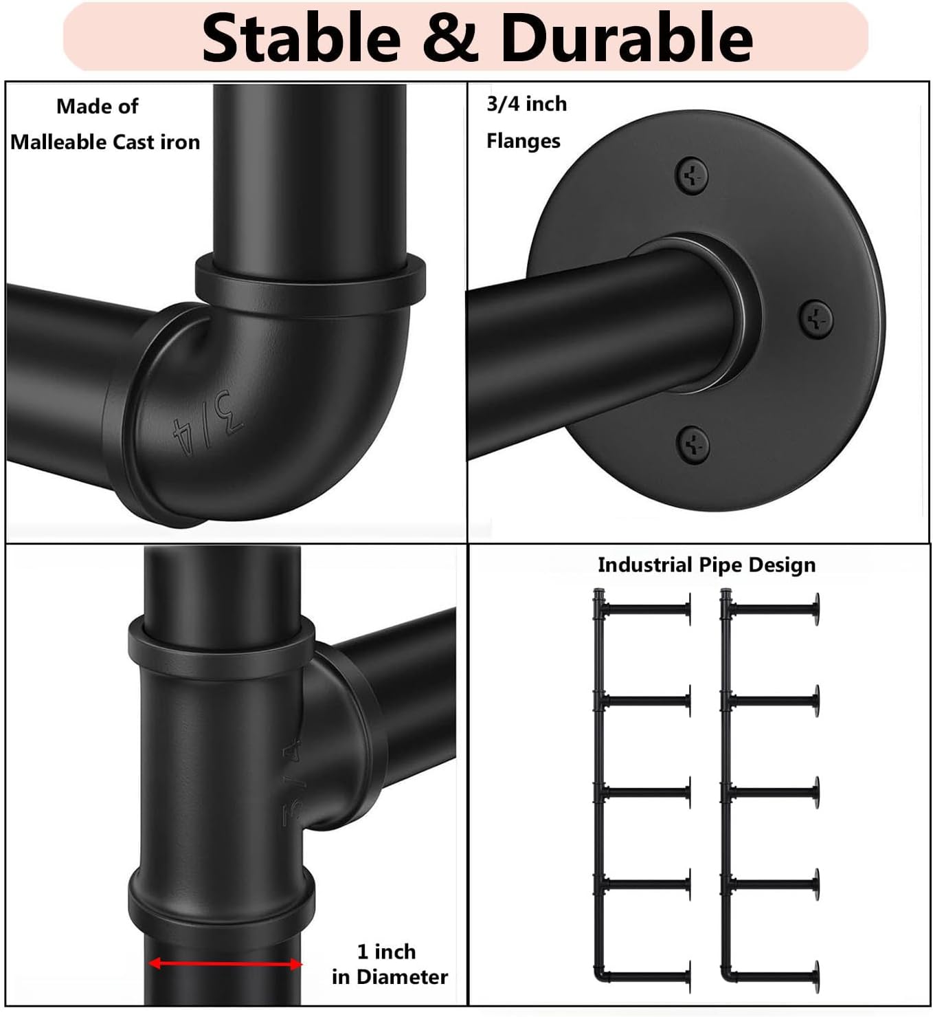 Industrial Pipe Shelf Brackets Wall Mount,Open Black Pipe Shelving for Kitchen,Floating Shelf Brackets Mount,Open Bookshelf Brackets for Shelves,Wall Shelves 12 Inch Deep(2PcsX5Tier,61" Tall)