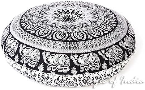 Eyes of India - Mandala Floor Pillow Cover Meditation Cushion Seating Throw Hippie Round Colorful Decorative Bohemian Indian Pouf Ottoman Handmade Cover ONLY (B1 White Black, 32" x 32")