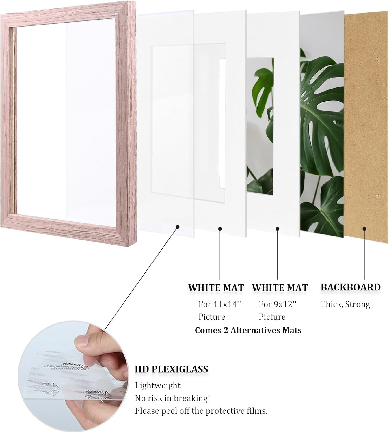Egofine 12x16 Picture Frames Set of 4, Made of Solid Wood Covered by Plexiglass 9x12 and 11x14 with Mat or 12x16 without Mat, for Wall Mounting Photo Frame Peach Pink