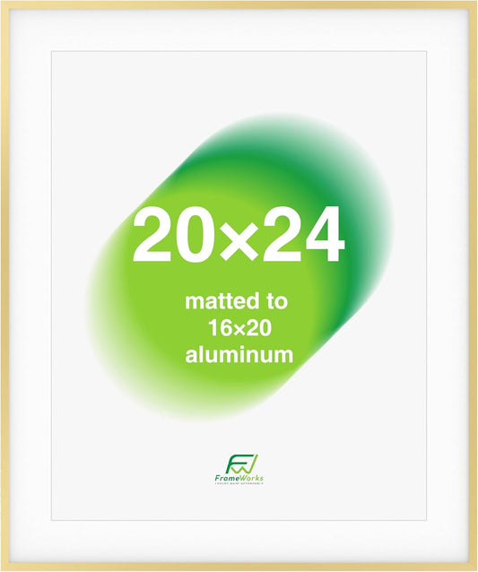 FrameWorks 20x24 Matted to 16x20 Picture Frame – Aluminum Frame w/Tempered Glass, Removable Mat for Photos, Posters, Art, Stylish Wall Frame for Home Decor, Gallery Walls, Office, Living Room - Gold