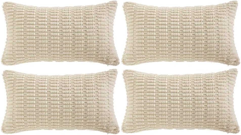 Fancy Homi 4 Packs Boho Cream Decorative Throw Pillow Covers 12x24 Inch for Living Room Couch Bed Sofa, Rustic Modern Farmhouse Home Decor, Soft Plush Corduroy Beige Cute Square Cushion Case 30x60 cm
