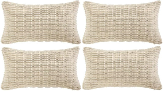 Fancy Homi 4 Packs Boho Cream Decorative Throw Pillow Covers 12x24 Inch for Living Room Couch Bed Sofa, Rustic Modern Farmhouse Home Decor, Soft Plush Corduroy Beige Cute Square Cushion Case 30x60 cm