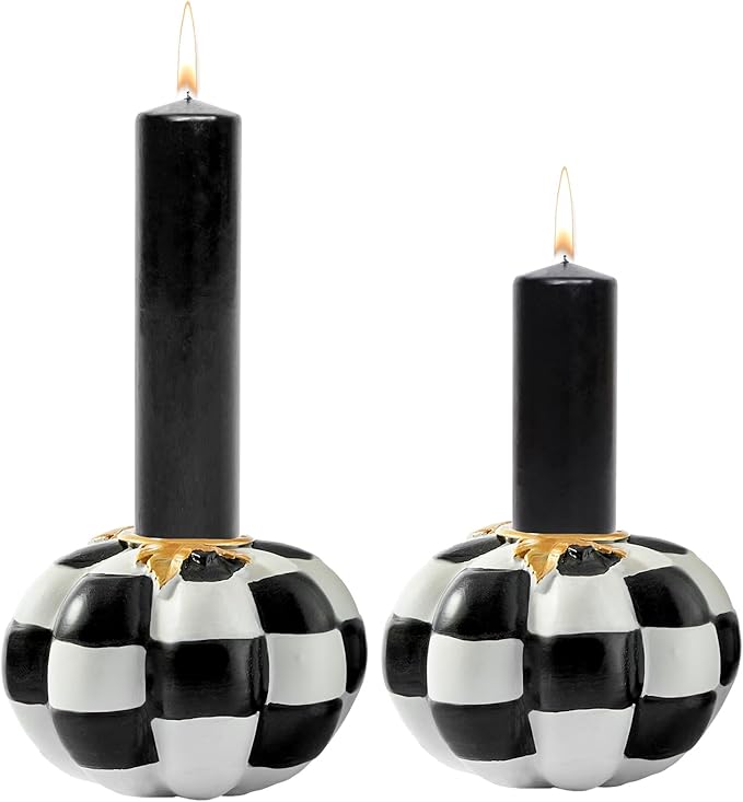 WDS WONDROUS Pumpkin Candle Holders Set of 2 Black & White, Fall & Halloween Thanksgiving Decor, Pumpkins Candlestick Holders for Centerpiece, Checkered Pumpkin Decor, Taper Candle Holders for Table