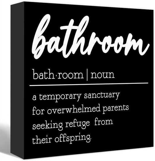 Funny Black Wood Sign - Bathroom Definition Sign for Shelf, Toilet, Restroom - Farmhouse Wooden Box Sign