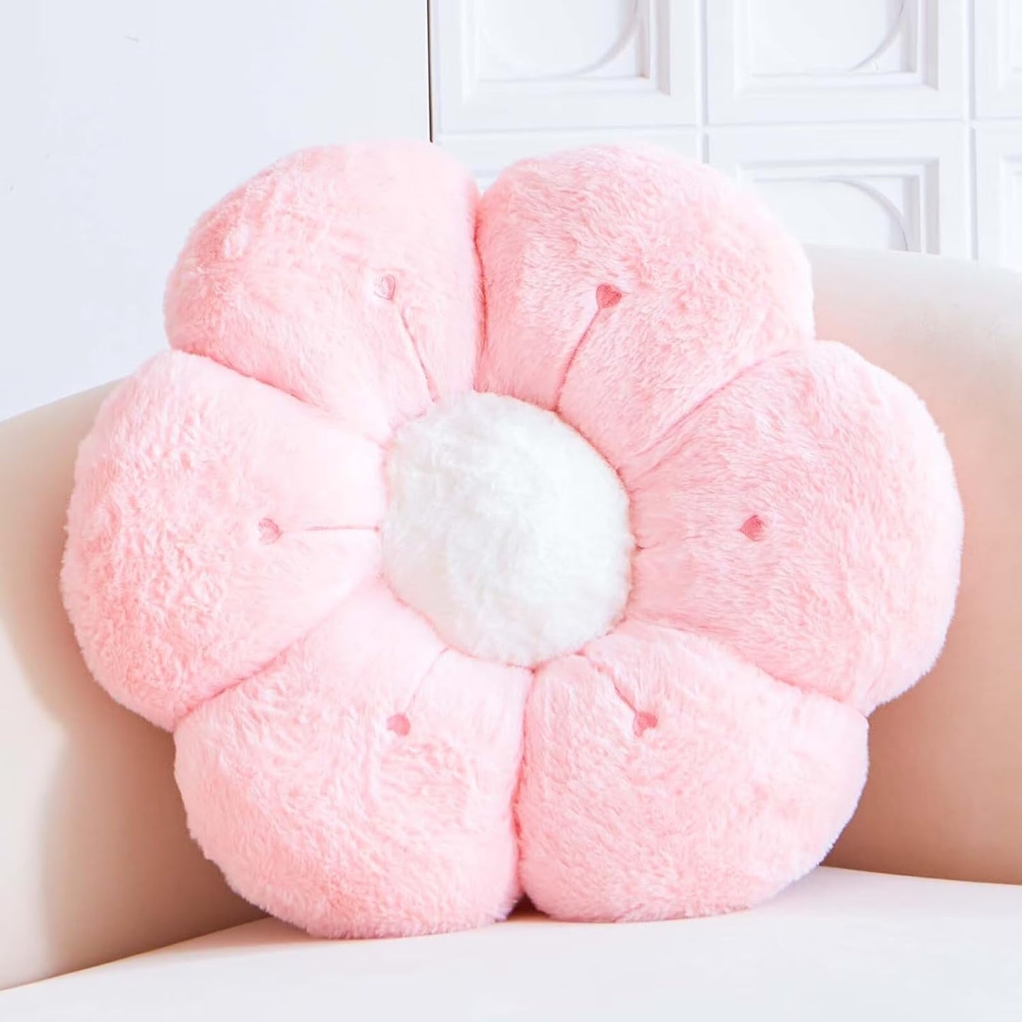 Flower Pillow, Cute Flower Shaped Decorative Pillow, Soft Rabbit Fur Daisy Pillow Home Decor Floor Seating Cushion for Bedroom Living Room (Pink 14.9 Inch)