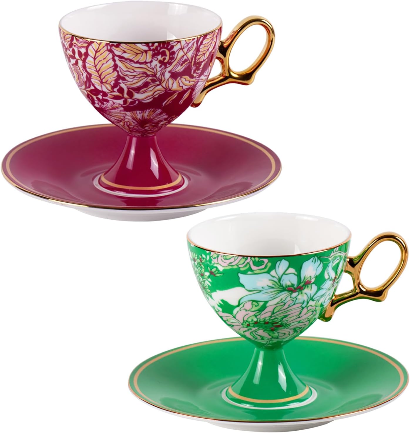 KAMMAK Ceramic Coffee Cups and Saucers Set of 2, Porcelain Espresso Cups with Saucers, 7.7 oz Handcrafted Ceramic Floral Coffee and Tea Cup, Vintage Drinkware for Tea Party, Office, Women Gifts