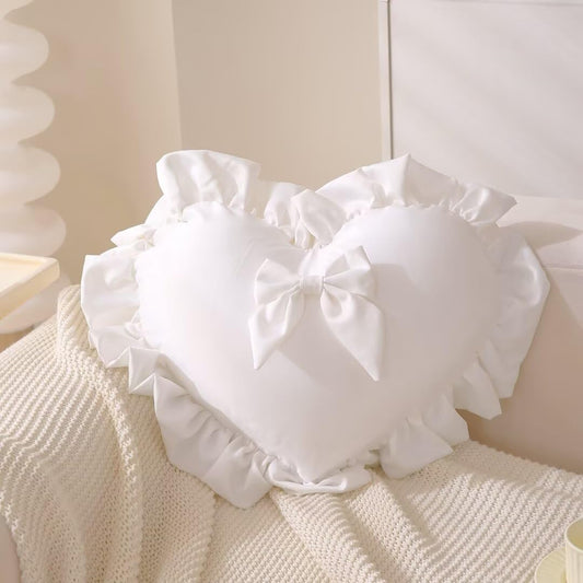 Heart Ruffled Throw Pillow,Velvet Heart Throw Pillow Bow Pillows Wedding Gifts Pillows Decorative Cushion for Sofa Bed Bay Window 20×16 inch,White