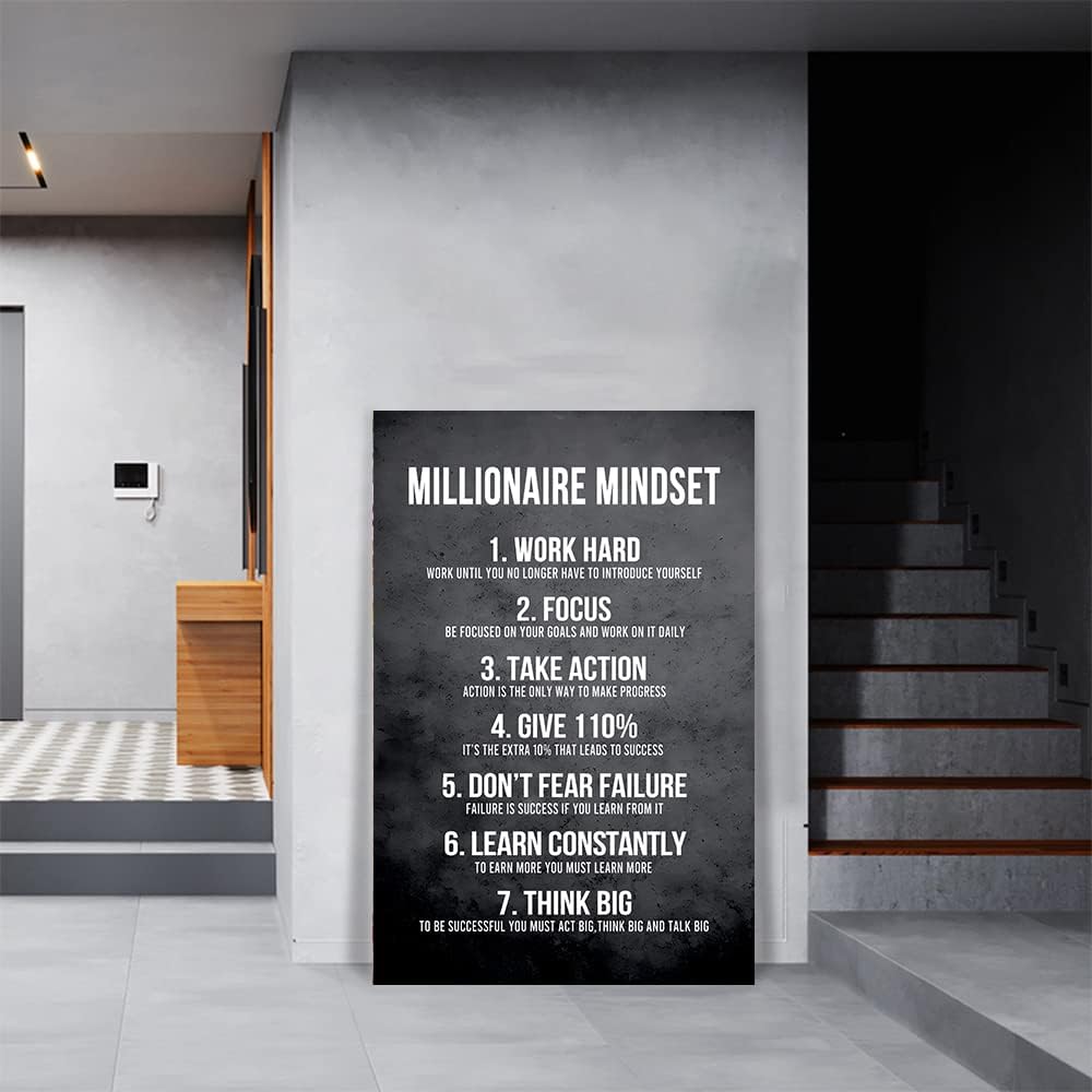 Millionaire Mindset 7 Rules Motivational Wall Art Inspirational Canvas Prints Positive Quotes Poster Success Artwork Office Picture Wall Decor Modern Home Decoration Framed- 24 x 36 inch